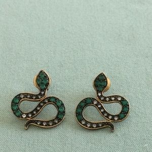 Serpent Snake Earrings Sterling Silver with Goldtone and Green Stones